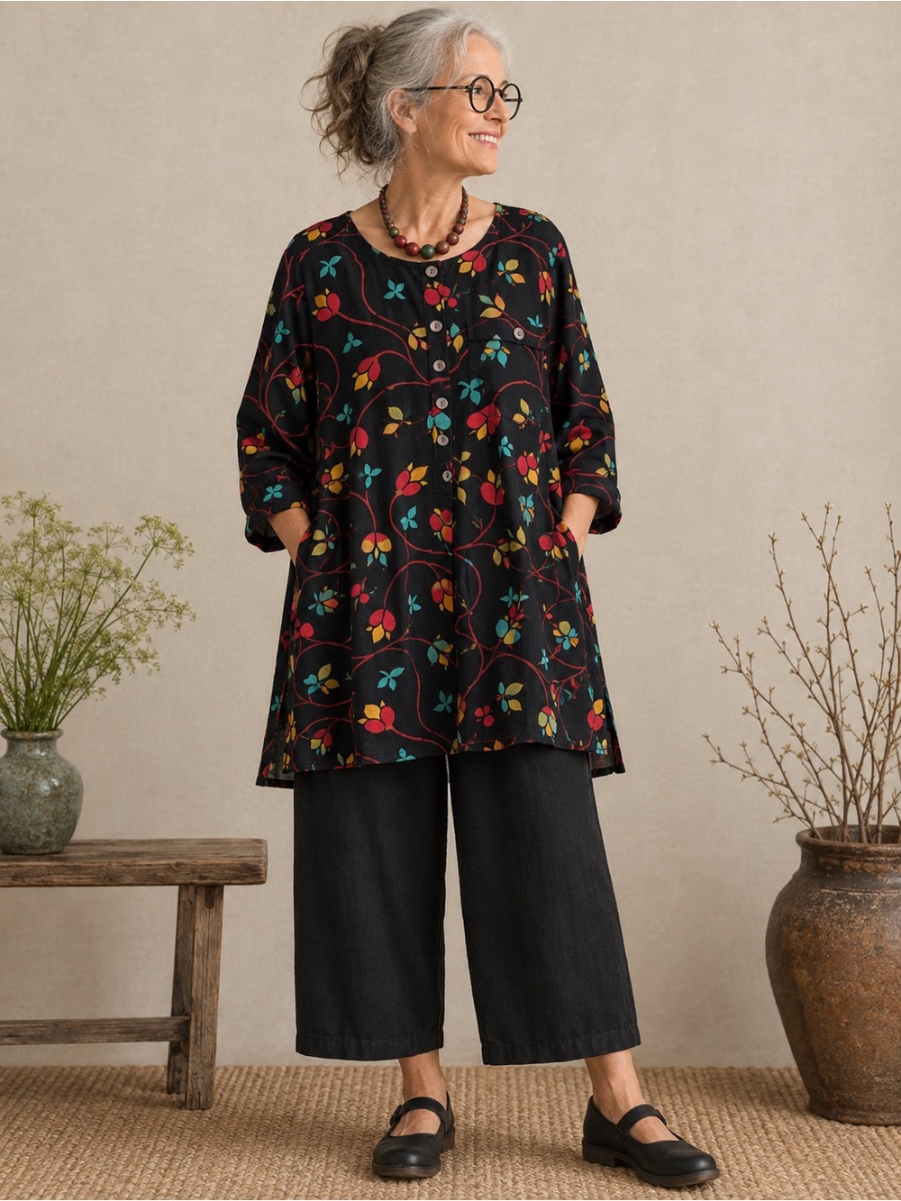 Gudrun Sjöden XL Linen Cotton Floral Lagenlook Tunic Top Artsy Boho Oversized